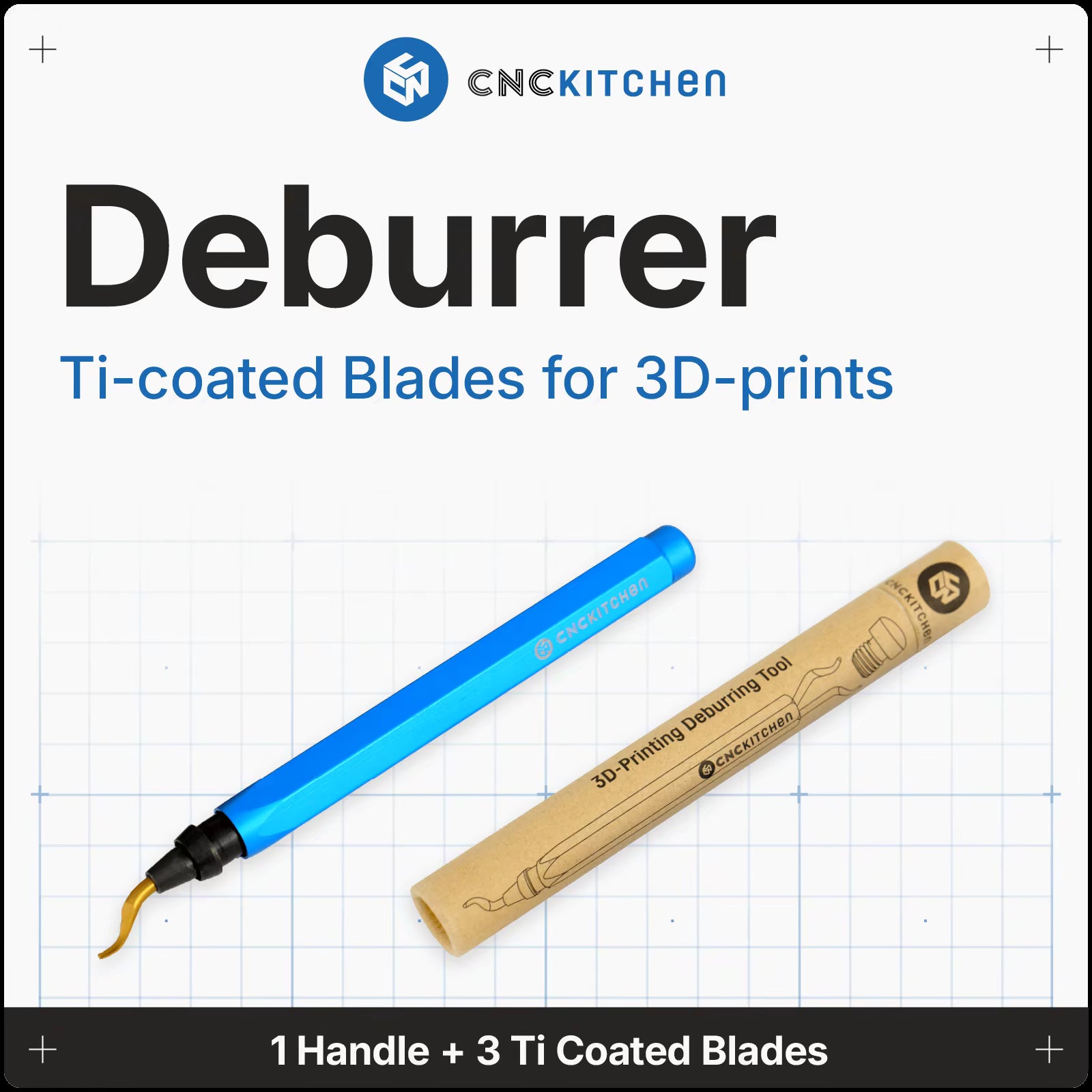 CNC Kitchen Deburrer with blue handle and cardboard packaging on a grid background